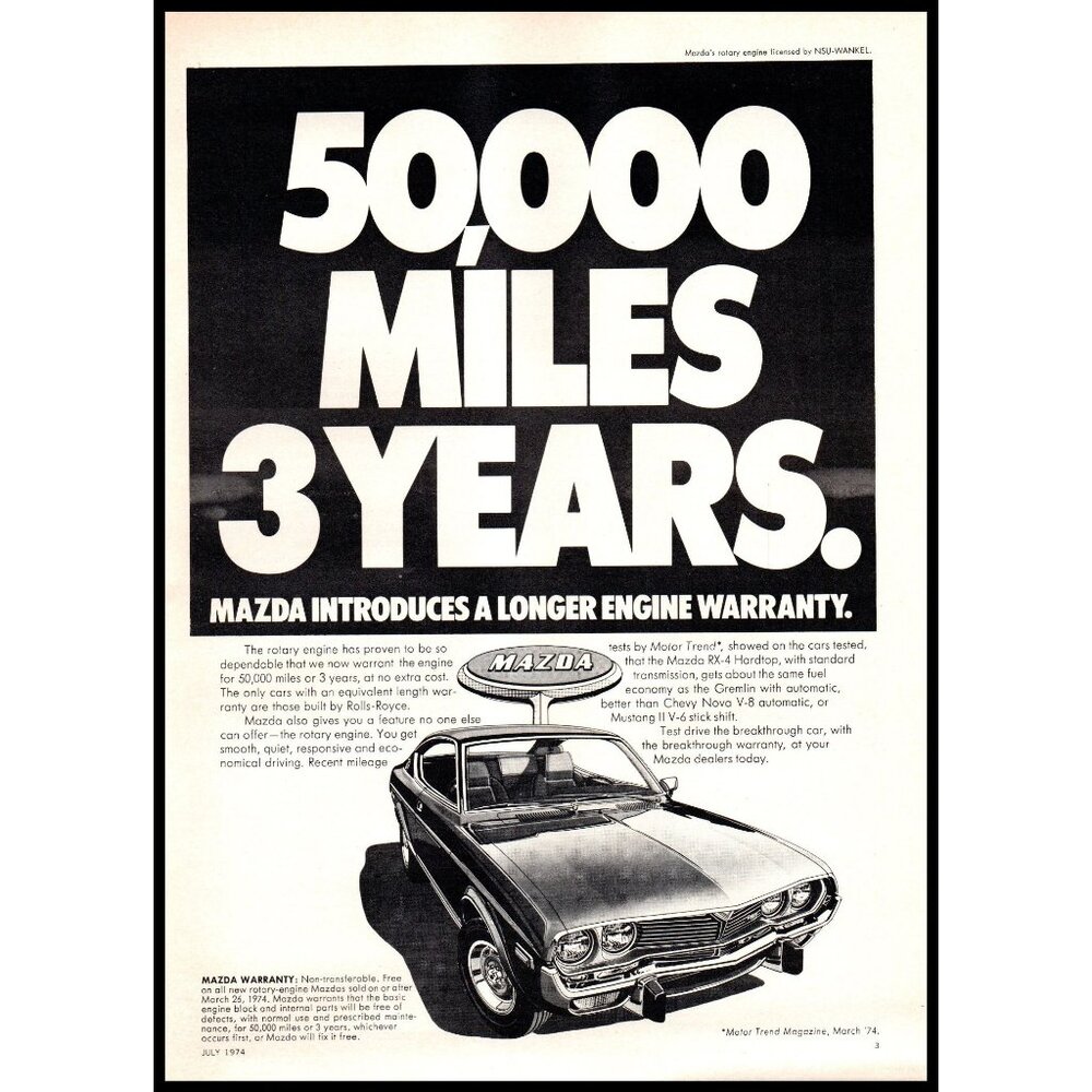 1974 Mazda RX-4 Hardtop Coupe Vintage Print Ad Front End Grill Wall Art Photo
